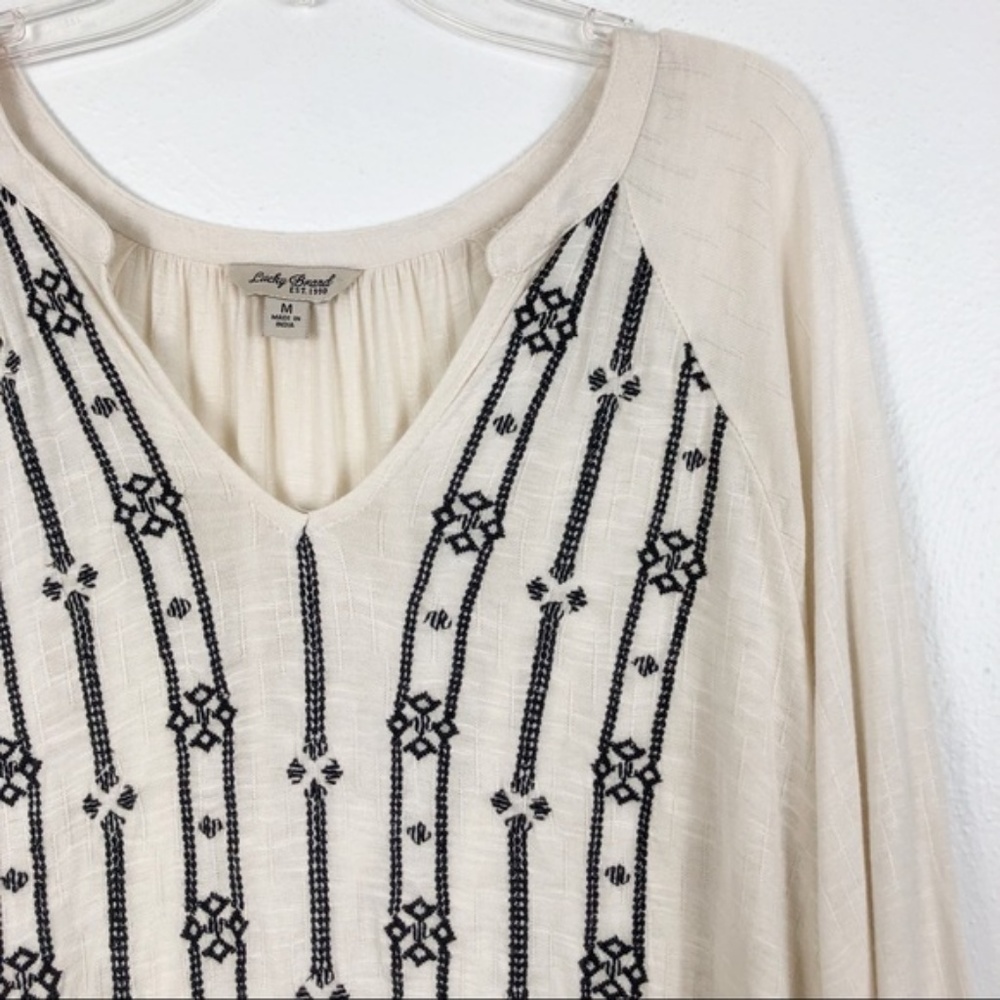 Lucky Brand Embroidered Split Neck Ivory Blouse